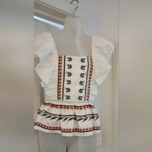 Embroidered White Blouse with Ruffle Sleeves